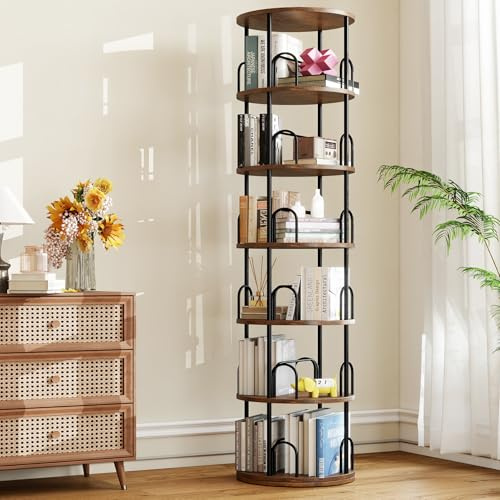 Arbcoler 6 Ebenen Drehbares Bücherregal, 360° Schmales Bücherregal Metall, Rundes Regale Holz, Bücherregal Vintage, Bücherturm Freistehend, Bücherregal Groß für Schlafzimmer, Wohnzimmer, Kinderzimmer