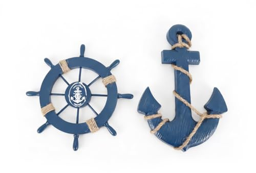 Gutol 2er-Set maritimes Holzdeko-Set – 28 cm Steuerrad & 33 cm Anker mit Seil zur Wand- und Türdekoration