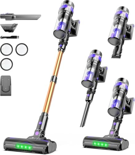 Vortisys Akku staubsauger, 500W/60Kpa Kabelloser Staubsauger mit Display, Fünf-in-Eins-Filterung, Anti-Tangle-Bürste, für Tierhaare, Hartböden und Teppiche