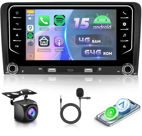 VECHTEL Radio Coche 2G+64G Android 15 para Audi A3 8P S3 8P1 RS3, 7 Pulgadas HD de Pantalla Táctil de Autoradio con Carplay Android Auto Inalámbrico Bluetooth GPS Wi-Fi 2USB/Tipo-C Radio FM RDS Cámara