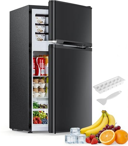 Electactic 2.5 Cu.Ft Mini Fridge with Freezer, Double-Door Compact Refrigerator, Adjustable Glass Shelves, Mechanical Thermostat & Built-in Casters, Space-Saving for Apartment/Dorm/Office, Black