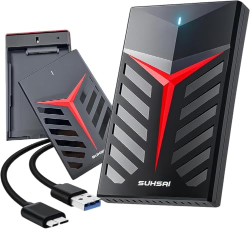 SUHSAI Externes Festplattengehäuse Schwarz Rot | ABS-Kunststoff, Gaming-Design,Datenübertragung, Plug-and-Play, Windows Mac Linux, Werkzeuglose Installation