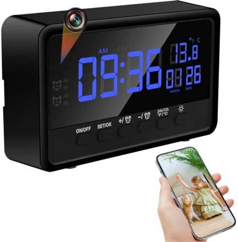 SecuraLen Mini Telecamera Spia Nascosta WiFi, 1080P, Visione Notturna | Dual-band 2.4/5 GHz, grandangolo 120°, rilevamento movimento, sveglia 2 in 1, luminosità, microSD 128 GB, invisibile