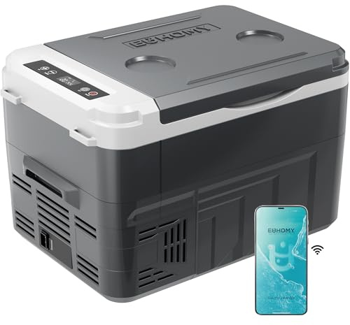 EUHOMY 15L Portable Car Fridge Freezer (-20℃~20℃)-12/24V DC & 110-240V AC Compressor Cooler with APP Control,15-Min Fast Cooling,ECO/MAX Modes, Low Noise <45dB,Battery Protection for Camping,RV,Travel