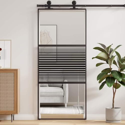Puerta de cristal con marco de aluminio 90 x 205 cm negro | Panel transparente, diseño moderno, para interiores de salón o comedor