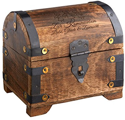Casa Vivente Große Schatztruhe mit Gravur – Zur Kommunion – Motiv Engel – Dunkles Holz – Vintage Aufbewahrungsbox – Verpackung für Geldgeschenke – Geschenkideen zur Erstkommunion