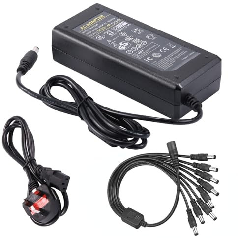 12V Power Supply 5A Adapter - COLM UK 12V 60W Charger with 8-Way 8 Way Power Splitter Cable for LED Driver CCTV Security System LCD Monitor