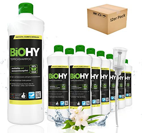 BiOHY Teppichshampoo (12 x 1 Liter) + Dosierer | Teppichreiniger Konzentrat | ideal gegen hartnäckige Flecken | materialschonend & tierfreundlich | effektives Bio Mittel | kraftvoller Teppich Schaum