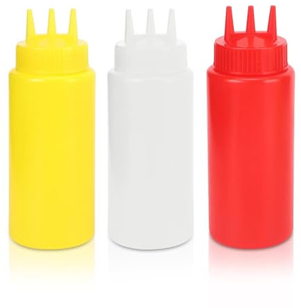 Agatige 3Pcs 3 Hole Condiment Squeeze Bottle, 16Oz Capacity 7x20cm/2.8x7.9in (D x H) Empty Squeeze Sauce Bottles 500ml Condiment Dispenser with Lids for Salad Dressing Sauces Ketchup Oil Honey