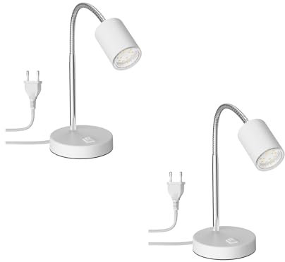 ledscom.de 2 Stück Tischleuchte WAIKA mit Schwanenhals und Schalter weiß matt, inkl. GU10 LED Lampe (warmweiß, 2,339W, 227lm, 110°)