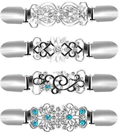 Amosfun 4 Stücke Damen Pullover Clips Strass Vintage Cardigan Kragen Strickjacke Clips Kette Verschluss Blumen Muster Schal Brosche Anstecknadel Pin Anstecker für Frauen Bluse Kleider Jacke