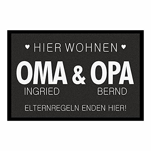 Geschenke.de Personalisierte Fußmatte Elternregeln Enden Hier 40x60 schwarz – Geschenk für Oma & Opa – Rutschhemmend – Geschenkidee für Großeltern – für Innen & Außen – Velour Filz