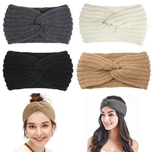 4 Stück Stirnband Damen Winter, Stirnbänder Strick, Haarbänder Mädchen, Haarband Ohrenwärmer Elastische, Kopfband Stirnband Frauen (Schwarz, Dunkelgrau, Beige, Camel)