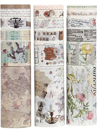 Armelaudin 18 Rollen Vintage Washi Tape Set 75/30/15/10/5mm Breit Blumen Schmetterling Brief Antik Papier Dekor für Scrapbook Geschenkverpackung Tagebuch Planer