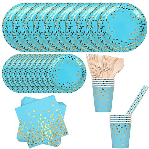 Trimming Shop 80pcs Disposable Dinnerware Set, Polka Dot Disposable Tableware - Gold Dot Blue Party Plates, Napkins, Cups, Straws, Forks, Spoons for Baby Shower, Bridal Shower