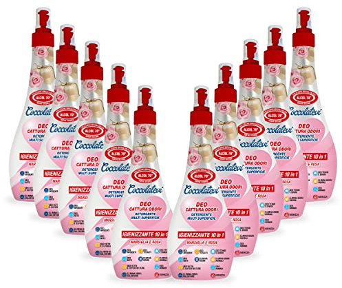 COCCOLATEVI Deo 10 in 1 Rosa e Marsiglia 300 ml x 10 Cattura Odori, Detergente Igienizzante Multi Superficie con Alcol 50°, Igienizza, Pulisce, Deodora e Profuma