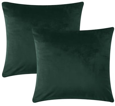 AMEHA Kissenbezüge, 45 x 45 cm, 2 Stück, Pannesamt, quadratisch, dekorativer weicher Kissenbezug für Sofa, Couch, Schlafzimmer, mit unsichtbarem Reißverschluss (Dunkelgrün, 45 x 45 cm)