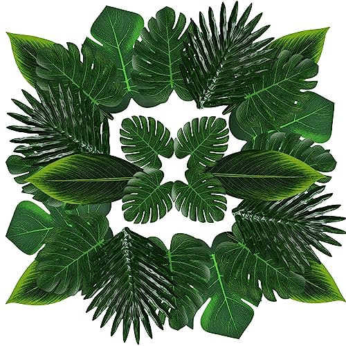 ZIOYA 48 Stück 5 Arten Palmenblätter Deko Blätter Tischdeko Grün Künstliche Monstera-Blätter Dschungel Deko für Party Dekorationen Strand Geburtstag Hochzeitsfeier und Heimdekoration