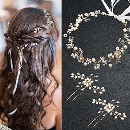 Braut Hochzeits Kopfschmuck,3 Stück Braut blumen Haarschmuck Damen Tiara, Hochzeits Haarnadel Set, Perlen Hochzeits Haarschmuck,Hochzeits Stirnbänder für Braut,Brautjungfern,Abschlussball