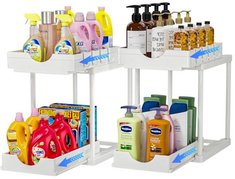 ARSTPEOE 2 Stück Unterwaschbecken-Organizer mit Haken,2-stöckige, doppelte ausziehbare Schubladen,Küchen Organizer,Spülschrank Organizer,Unterschrank Organizer,Weiß