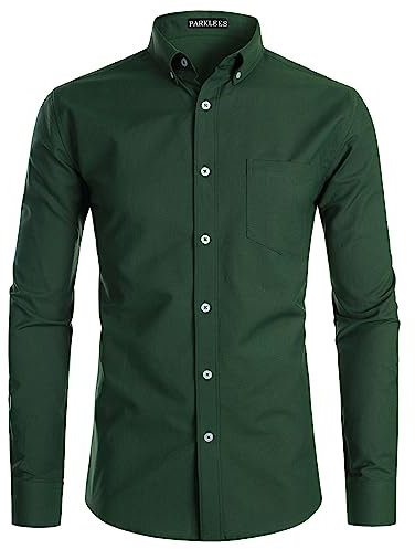 PARKLEES Men's Slim Fit Long Sleeve Smart Casual Button Down Oxford Shirts EU-PZ111 Dark Green Small