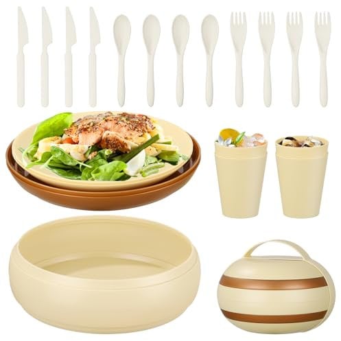 Chuboir 21 Piece Camping Plates and Bowls Set for 4 People, Picnic Tableware with Plates, Bowls, Cups and Cutlery Set, Portable Plate Set for Picnic Hiking Travel or Backpacking