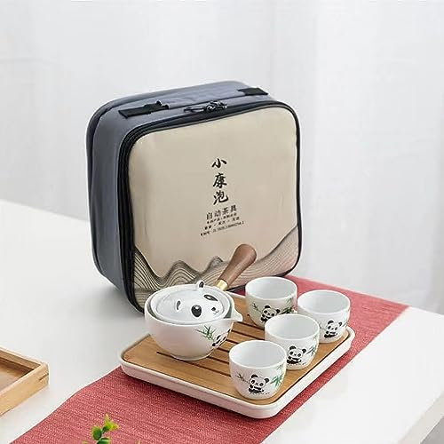 Scizorito Keramik Portable Travel Tee Set, chinesischer Kungfu Tee Set mit 360-Rotation Teekanne und Infuser, 4-Teetassen, Tee Tablett und Reisetasche (Panda)