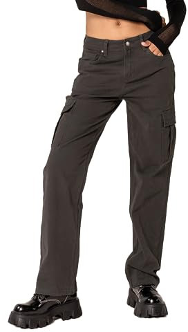 Nina Carter Q1885 Jean cargo stretch pour femme Taille haute Coupe droite, Gris foncé (Q1885-4), S