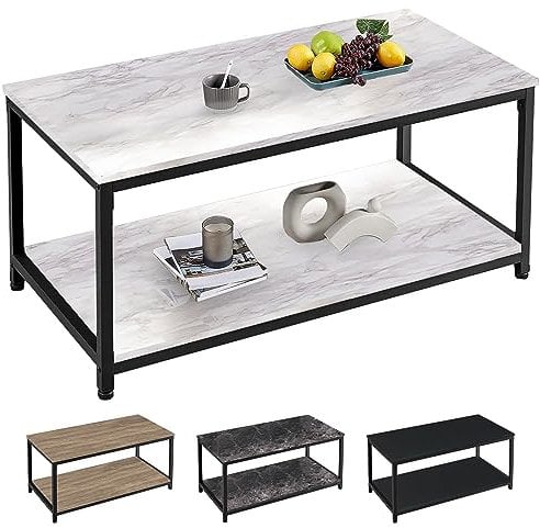SG Traders Industrial Coffee Table for Living Room Large Side Table with Metal Leg 2 Tiers Stylish and Durable Industrial Coffee Table with Storage Perfect for Any Room 100x50x45cm (White Marble)
