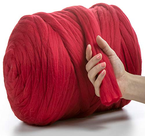 MeriWoolArt XXL Merino Wolle – 100% Schurwolle, Extra Dickes Filzgarn (4–5 cm) für Armstricken, Trocken- & Nassfilzen, Decken & Babydecken – Rot 500g