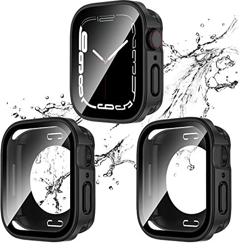 Kawoco 2 Stück Wasserdicht Hülle für Apple Watch 44mm Series 6/5/4/SE mit Tempered Glas Displayschutz, 360° Rundum PC 2 in 1 Front & Rückseite Gehäuse Schutzhülle für iWatch 44mm Schwarz/Schwarz