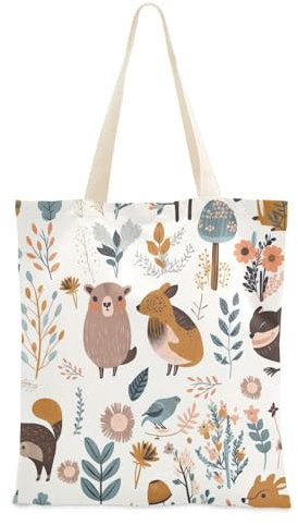 FRODOTGV Mittelgroße Canvas-Tragetasche, Fuchs, Vögel und Pflanzen, ästhetische Leinentasche, einfarbig, Segeltuch, Weihnachtsgeschenke für Damen, Canvas-Tragetasche mit Taschen, Fuchs, Vögel und