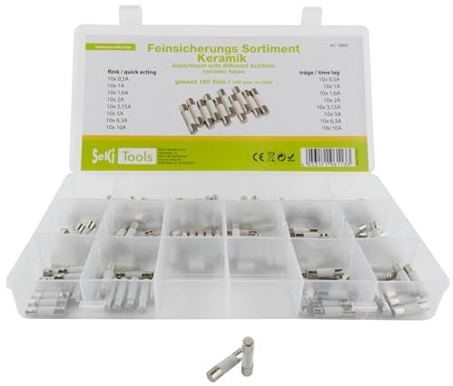 SeKi Lot de 160 fusibles en céramique - 5 x 20 assortis - 160 pièces - 16 types - 8 fusibles rapides + 8 fusibles temporisés 0,5 A, 1 A, 1,6 A, 2 A, 3,15 A, 5 A, 6,3 A et 10 A - Fusible tubulaire en