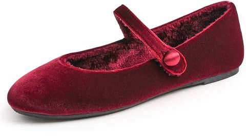 Feversole Women's Velvet Mary Jane Scarpe Basse Classiche Décolleté Eleganti Mary Jane con Fibbia Morbida Scarpe da Ballo per Balletto per Donna Velluto Borgogna Foderato di Pelliccia 38