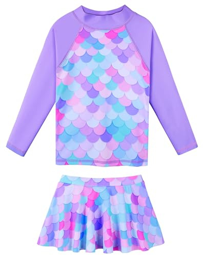 ZNYUNE Kids Girls UPF 50+ UV Sun Protection Rash Guard Swimsuit Long Sleeves Flower Summer Swimming Beach Costume S379 PurpleScale 8A