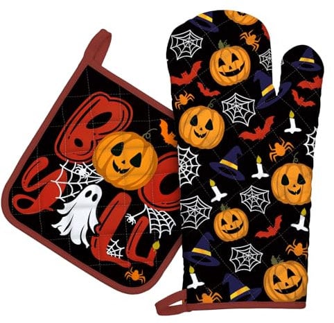 Arquiel Halloween Oven Mitts and Pot Holders -100% Cotton, Heat Resistant Extra Long Oven Gloves & Hot Pads for Cooking BBQ Grilling Baking Gift, Set of 2