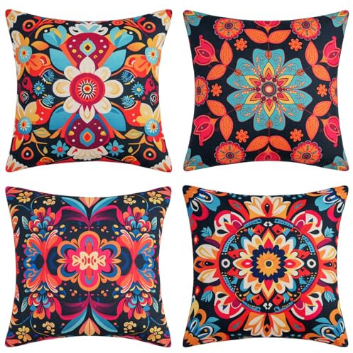 DakTou Kissenbezüge 45 x 45 Leinen Boho Retro Buntes Mandala Floral Kissenhüllen Kissenbezug Böhmischer Ethno Dekokissen Sofakissen Zierkissenbezüge für Sofa Schlafzimmer Wohnzimmer 4er Set