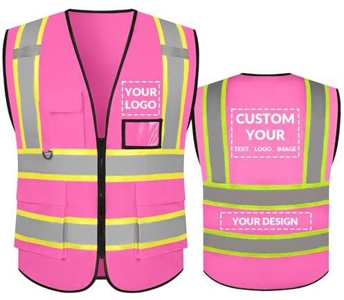Shmimy Personalisierte Sicherheitsweste Warnweste mit Text oder Logo und 5 Mehreren Taschen Hohe Reflektivität Warnschutz Arbeitsweste Sicherheitsweste (Rosa-XXL)