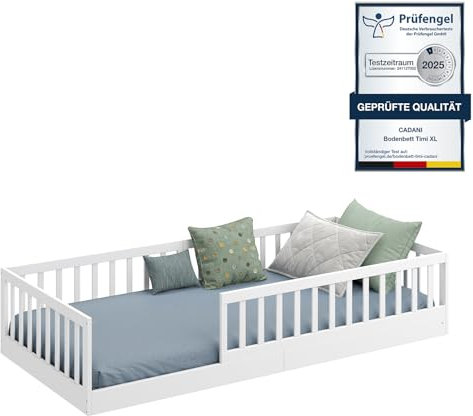 CADANI Timi 2in1 Bodenbett 90x200 cm Montessori Kinderbett mit abnehmbaren Rausfallschutz inkl. Lattenrost, Kiefer Massivholz, weiß - 3 Aufbauvarianten, bis 200 kg belastbar, umbaubar