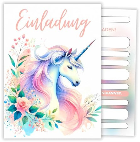 HIDEBLOOM Einhorn Einladungskarten Kindergeburtstag Mädchen I 12 Stück I DIN A6 (10,5 cm x 14,8 cm) I Einladungskarten Mädchen Geburtstag I Kinderparty I Geburtstagseinladungen Mädchen
