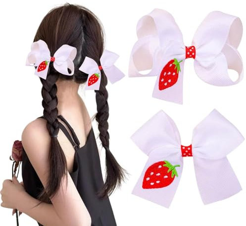 2 Stück Haarschleifen Erdbeeren Mädchen, Haarschleife Weiß Kinder mit Erdbeerform, Hair Bow Krokodilklemmen, Frühling Haarspange Schleife für Mädchen Kinder Damen