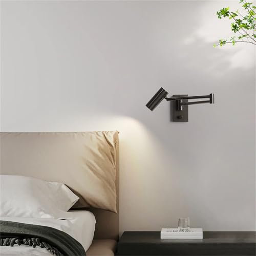 LED Innen Wandleuchten mit Helligkeitsregelungsschalter Moderne Schwarz Wandlampe Klappbare Teleskoparm Wandleuchte Verstellbarer Vintage Metall Wandbeleuchtung für Nachttisch (Warmes Licht,1 Stück)