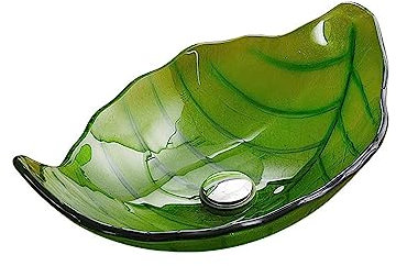 Fregaderos de vidrio templado para baño, diseño geométrico en forma de hoja, diseño artístico, grifo mezclador de cascada, juego de drenaje emergente, montado en cubierta, color verde, paquete B