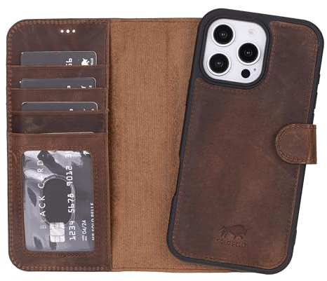 Solo Pelle Lederhülle kompatibel für iPhone 16 Pro in 6.3 Zoll abnehmbare Hülle (2in1) inkl. Kartenfächer geeignet für MagSafe Zubehör (Vintage Braun)