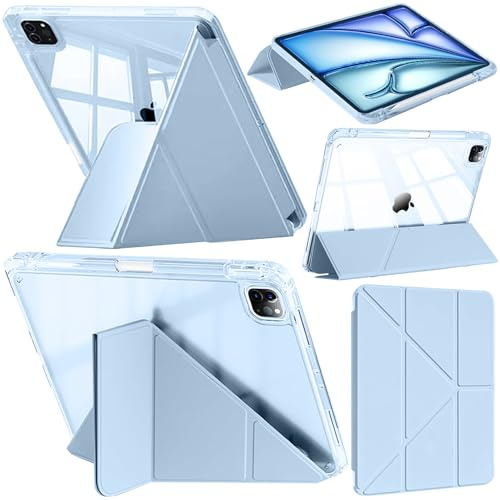 A-BEAUTY Funda para iPad Air 13 M4/M3/M2, iPad Pro 12.9 Azul Claro | con Portalápiz, Carcasa Delgada con Soporte Multiángulo, Trasera Transparente, Auto-Sueño/Estela
