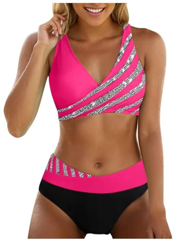 Allegorly Damen Bikini Set Triangel Breites Unterbrustband Bademode Zweiteiliger Badeanzug Wickeloptik Lace Up Bikini Bademode V Ausschnitt Blumenmuster Zweiteiliger Badeanzug Swimsuit (L)