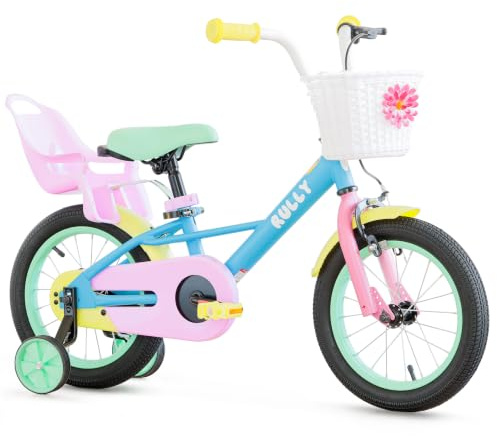 RULLY Bicicletta per Bambini da 16 Pollici per Ragazze 4–7 Anni (41–53 cm) – Bicicletta per Bambini con Sella per Bambole, Ruote di Supporto e Aspetto Arcobaleno.