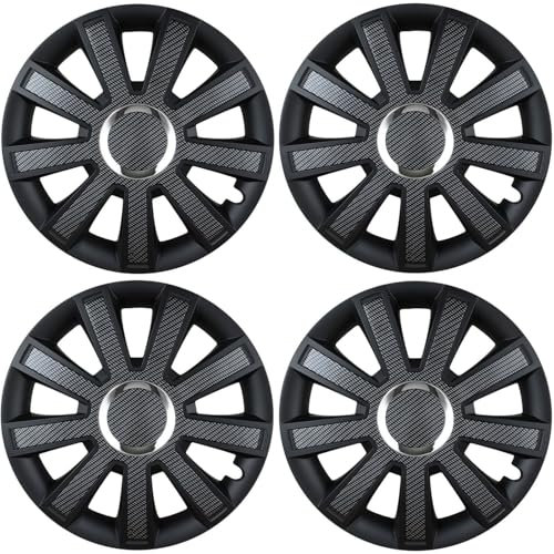 Premium Radkappen 16 Zoll in Schwarz-Carbon-Glänzend mit Chromring 4er-Satz hochwertige Radzierblenden für PKW-Stahlfelgen Radblenden-Zweifarbig Radabdeckungen Raddeckel Zierblenden Zierkappen 4 Stück