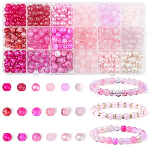 AWARDSEN 8mm Rosa Perlen Glasperlen für Armbänder 360 Stück Bastelperlen DIY Machen Set für Schmuck Basteln