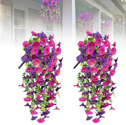 laocaf 2 Stück Morning Glory Hängepflanze Künstlich, 2025 Neue Realistische Efeu Künstlich, Hänge Dekopflanzen, Wasserfest und Sonnenfest, für Wohnzimmer, Balkon, Garten (Farbe)
